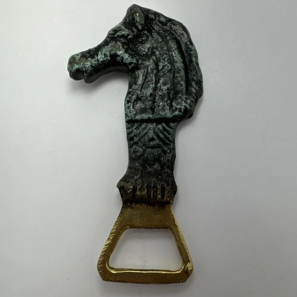 SCULPTED HORSE HEAD BOTTLE OPENER Brass / Green Vintage Trojan 4.75”